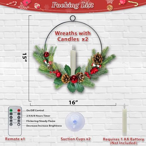 2Pack Christmas Wreaths for Front Door with LED Taper Candles, 16-inch Window Wreath Christmas with Light & Remote, Battery Operated Outdoor Winter Ornaments Christmas Decorations丨Basic丨 - Image 5