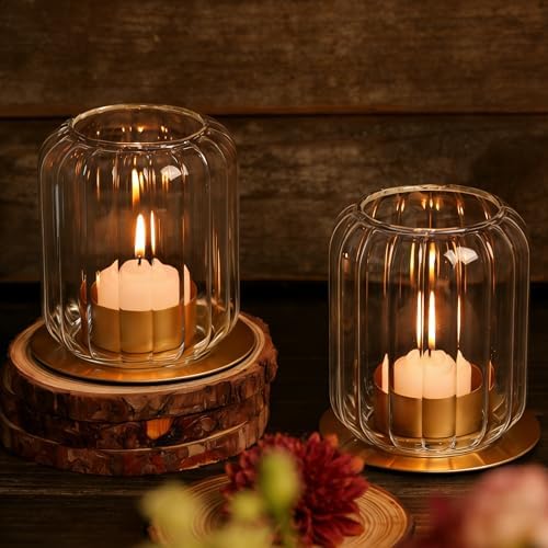 4 PCS Votive Candle Holders, Glass Gold Lantern Fall Style with Metal Base by LOVELIGHTLOVELIFE