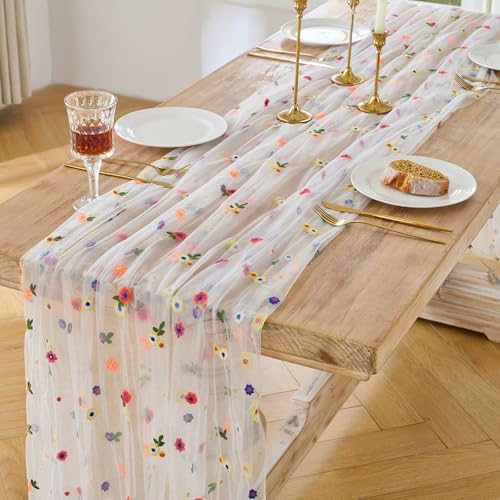 BINBE 12pcs Daisy Spring Table Runner Embroidery Gauze 10FT Florals Seasonal Tulle Holiday Birthday Kitchen Dining Table Decor for Home Party Ivory - Image 2