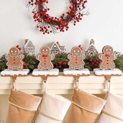 Christmas Stocking Holders for Mantle: Resin Gingerbread Man Stocking Holder Stand Set of 4, Resin Stocking Hangers Decorative Hooks for Xmas Home Decor, Mantle Fireplace Window Accessories - Image 4
