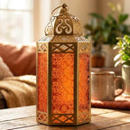 VELA LANTERNS 6-Pack Gold Metal Moroccan Decorative Candle Lantern Holder for Hanging or Table Centerpieces, Exotic Indoor Home Decor, Outdoor Patio or Porch, Weddings, Ramadan, Amber Glass, Large - Image 2