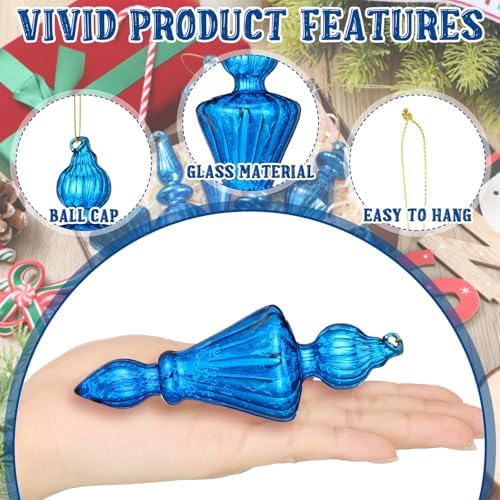 Mifoci 8 Pcs 6 Inch Mercury Glass Finial Christmas Ornaments,Blue - Image 4