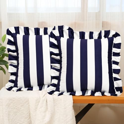 vctops Ruffle Square Throw Pillow Covers Boho Navy and White Striped Decorative Pillowcases Set of 2, Soft Velvet Accent Cushion Cover Cases for Sofa Bed Living Room Decor (Navy,18"x18") by vctops