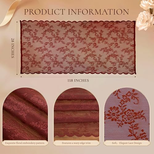 Terracotta Lace Table Runner with Floral Embroidered(3pcs 28”x118”) - Image 6