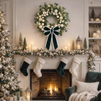 Norme 15.7" Christmas Wreath Green Bow Pearl Ball Eucalyptus for Front Door - Image 6