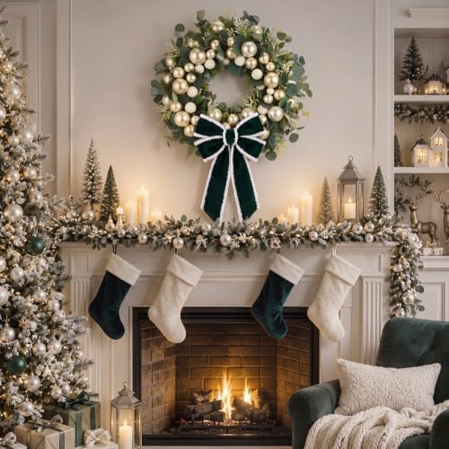 Norme 15.7" Christmas Wreath Green Bow Pearl Ball Eucalyptus for Front Door - Image 6