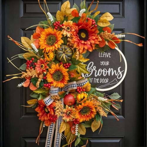 Fall Wreaths for Front Door 24 Inch Outside, Autumn Rustic Sunflower Wreath by SoomeirWreath