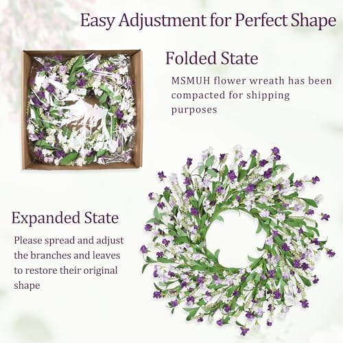 24" Spring Wreaths for Front Door Not Withering Artificial Floral Wreath with Wildflowers Summer Decorations for Indoor Outdoor Window Wall Farmhouse porch Wedding Easter Home Decor Purple White - Image 3