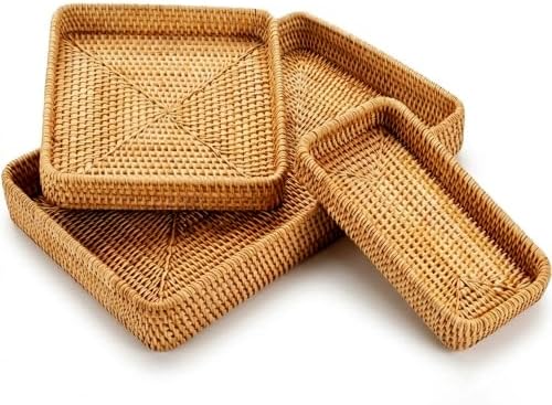 Rattan Serving Tray Set of 3, Rectangular Woven Tray, Natural Wicker Decorative Serving Tray, CoffeeTabletop Vanity Organizer, Bathroom Kitchen Counter, (S 4.3 x 8.3), (M 8.3 x 8.3), (L14.6 × 9.1) by YANGQIHOME