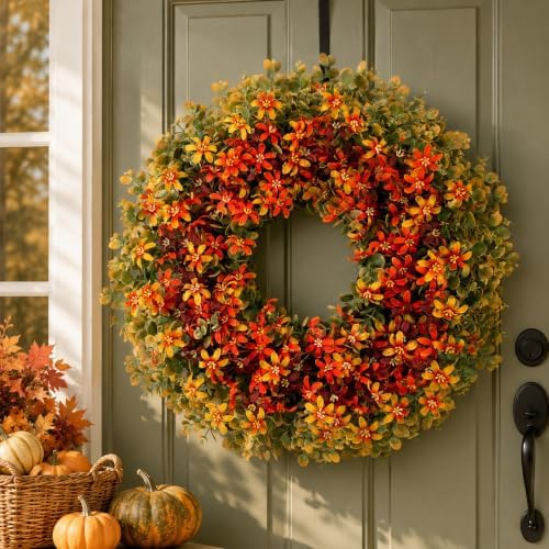 BLOSMON Fall Door Boxwood Wreath, 24 Inch Autumn Wreaths with Hanger by Blosmon