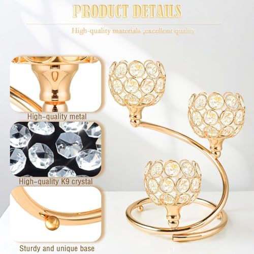 Metal Crystal Candle Holder Set of 6 - Elegant 3-Arm Metal Tea Light Centerpiece with Shining Crystal Bowl, Wedding Anniversary Table Decor for Dining, Party (Gold, 6 Pcs 3 Arm) - Image 3