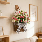 White Tulip Door Hanger Basket Wreath for Front Door,Artificial Tulip Flower Wreaths Hanging Decor with Woven Basket,Spring Summer Baskets Wreath for Wall Window Holiday - Image 5