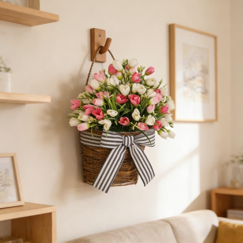 White Tulip Door Hanger Basket Wreath for Front Door,Artificial Tulip Flower Wreaths Hanging Decor with Woven Basket,Spring Summer Baskets Wreath for Wall Window Holiday - Image 5