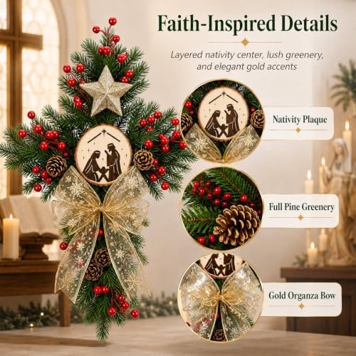 Riceshoot Christmas Nativity Cross Wreath with Gold Organza Bow and Star - Image 3