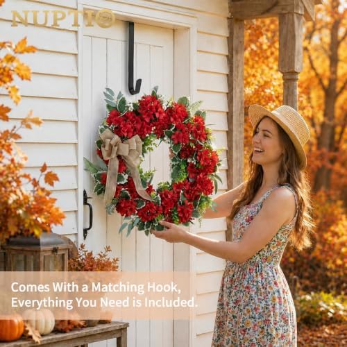 NUPTIO Geranium Wreath for Front Door: Christmas Red Wreaths, 24 Inch - Image 2