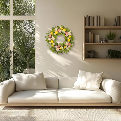 Lemon Eucalyptus Wreath for Front Door - 22 Inch Artificial Lemon Wreath with Fabric Leaves & Pink Camellias, Farmhouse Kitchen Decor, Spring Summer Welcome Wall Hanger - Image 5