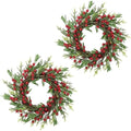 SHACOS Artificial Christmas Wreath 14" Set of 2 Small Winter Wreaths Pine Red Berries Xmas Decoration for Home Window Kitchen Cabinet Door Holiday Wreath, Red Green by SHACOS
