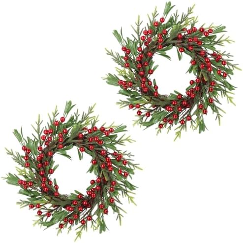 SHACOS Artificial Christmas Wreath 14" Set of 2 Small Winter Wreaths Pine Red Berries Xmas Decoration for Home Window Kitchen Cabinet Door Holiday Wreath, Red Green by SHACOS