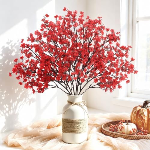 Uieke 30 Pcs Babys Breath Artificial Flowers Bulk Silk Red Faux Flowers Real Touch Gypsophila Bouquet for Christmas Halloween Home Wedding Decoration by Uieke