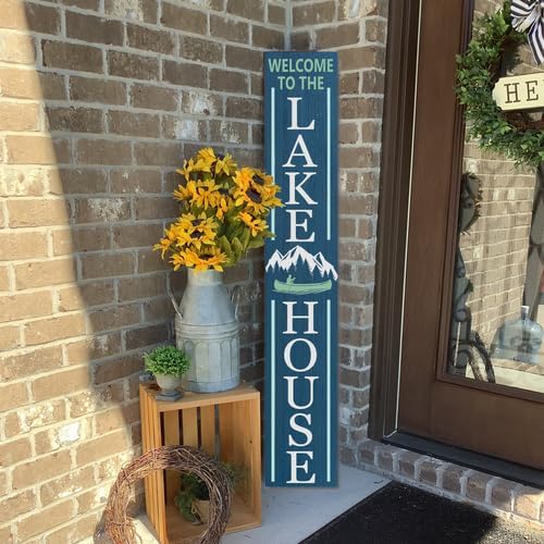 Blue Welcome To The Lake House Door Sign 8x48inch Rustic Wood Lake Theme Welcome Board and Porch Leaner for Front Door Deck or Wall Yard, All Season Vertical Porch Hanging - Image 6