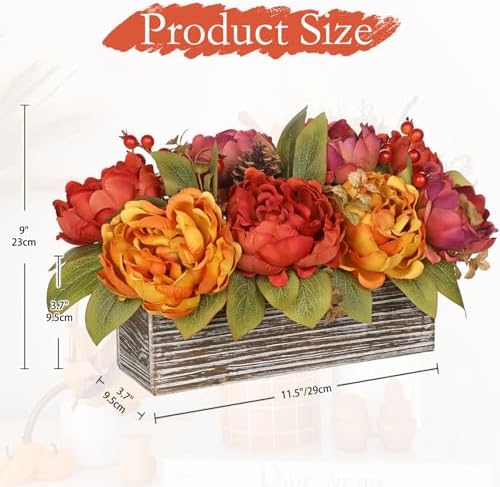 Fall Peonies Artificial Flowers Arrangements In Rustic Wooden Box Planter - Image 3