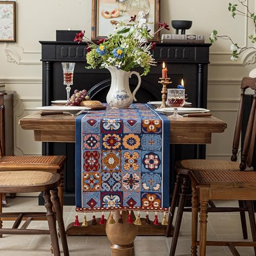 Luxury Vintage Blue Floral Table Runner 83in Long - Embroidery Jacquard Fabric with Multi-Tassels, Dining Room Dresser Decor for Wedding Holiday Party Fireplace (is-Blue, 13.7"x83") - Image 2