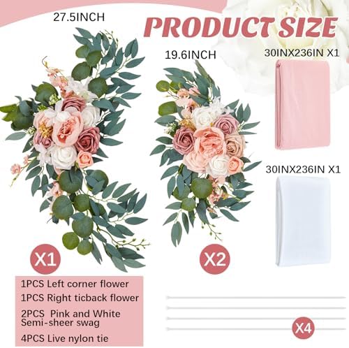 Thiccywoov 4 Pcs Wedding Arch Flowers and Drape Kit Include 2 Artificial Floral Swag and 2 Chiffon Drapes, Faux Flower Set for DIY Wedding Party Reception Ceremony Backdrop Rose Decoration (Pink) - Image 2