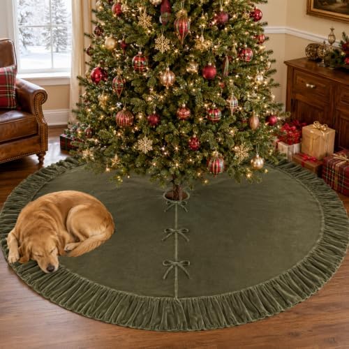 72 Inch Velvet Christmas Vintage Tree Skirt, Olive Green - Image 5