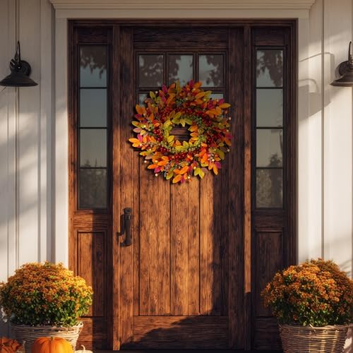22 Inch Berry Branches Fall Wreath for Front Door Outside with Red Berries - Image 5
