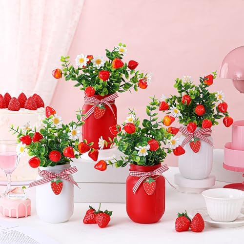 Lyrow 6 Pack Strawberry Mason Jar Table Centerpiece Faux Strawberry Christmas Mason Jar Winter Centerpiece for Table Farmhouse Decoration for Xmas Home Tiered Kitchen Tray Decoration - Image 5