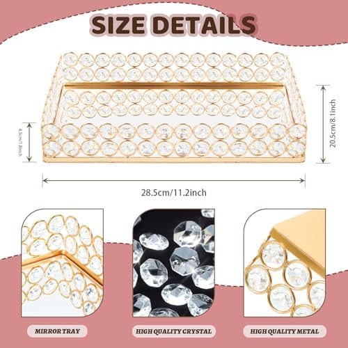 2 Pcs Gold Metal Crystal Mirror Tray - 11.2"x8.1" Table Centerpieces Tray, Multi-Functional Display for Flowers/Cupcakes/Jewelry, Vanity Organizer & Wedding Dessert Table Accent - Image 2