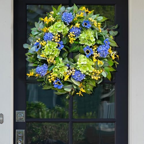Spring Wreaths for Front Door 24 Inch Summer Wreath with Lifelike Blue Hydrangea Gerbera and Daisy, Wreath Decor for Indoor or Outdoor Spring and Summer Wreaths for Front Door Outside - Image 4