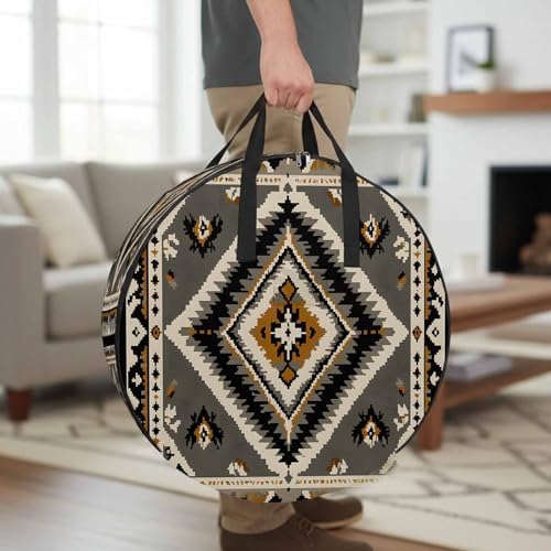 Retro Pattern Round Storage Bag 24 Inch, Brown Black Ethnic Style Weaving Texture Clothes Storage Container with Handles Heavy Duty Organizer for Comforter, Bedding & Holiday Wreaths - Image 2