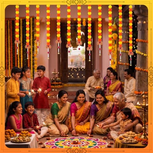 Thiccywoov 10 Pcs 50 Inch Diwali Artificial Marigold Garland with Wooden Lotus Hanging for Decoration Indian Pooja Decor Lotus Flower Decor Ganesh Decorations for Home Wall New Year Gift (Classic) - Image 6