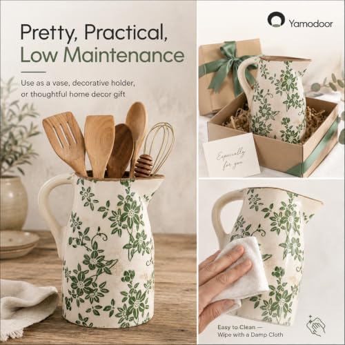 Tuscan Ceramic Vase for Home Decor,Green and Beige Pitcher Vases for Flower - Image 6