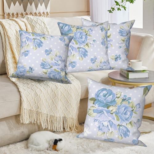 Sky Blue Flower Throw Pillow Covers 24"x24" Set of 4, Countryside Floral Sofa Cushion Cover for Chair Couch Bed Living Room Office Car Garden Patio Farmhouse Indoor Outdoor Decorative - Image 4