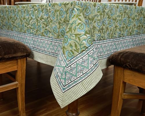 72x160 Inches Rectangle Hand Block Printed Cotton Tablecloth, Green White Floral Table Cloths Washable, Indian Table Linen For Halloween Christmas Outdoor Thanksgiving Gifts Home Decor Dinning Outdoor - Image 2
