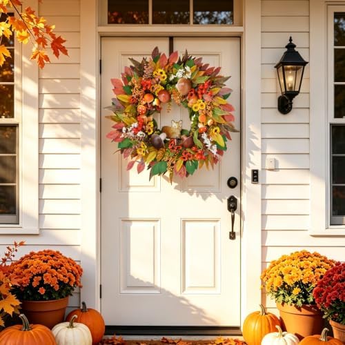Fall Wreaths for Front Door 24 Inch Whimsical Fox Fall Foor Wreath - Image 3