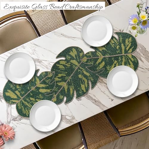 Monstera Leaf Beaded Table Runner 13 x 36 Inch, Handmade Glass Bead Runner for Dining Table, Coffee Table & Console Table, Tropical Farmhouse Centerpiece Decor for Holidays, Weddings & Everyday Use - Image 2