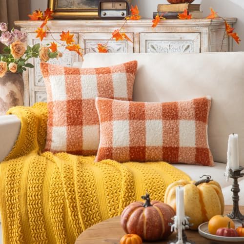 AQOTHES Plaid Fall Throw Pillow Covers Orange Write 20x20 Inch Set of 2 - Image 2