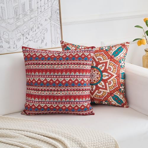 Couch Bohemian Double-Sided Patterned Throw Pillow Covers 20X20 Inch Set of 4 Square Farmhouse Decorative Cushion Covers BOHO Vintage Pillow Cases For Sofa Living Room Bedroom Outdoor Patio Porch - Image 4