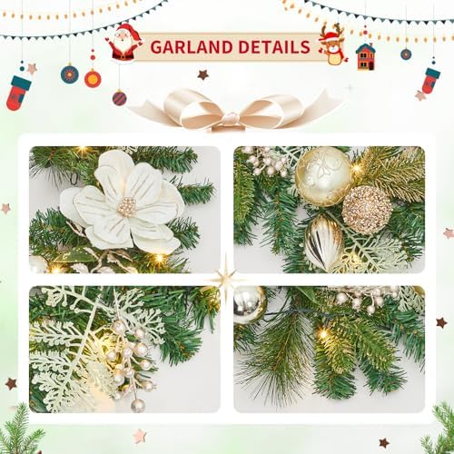 Garvee 6 Feet Christmas Garland with Lights & Magnolia for Mantle - Image 3