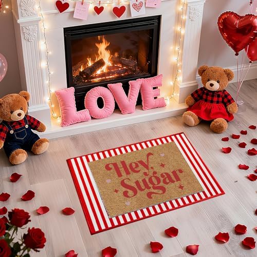 2 Pcs Hey Sugar Door Mat, Valentine Door Mat Valentines Day Welcome Mat Non Slip Coir Doormat Red and White Striped Mat Layering Doormats for Home Bathroom Front Porch Entryway Decor 24"x 32" - Image 6