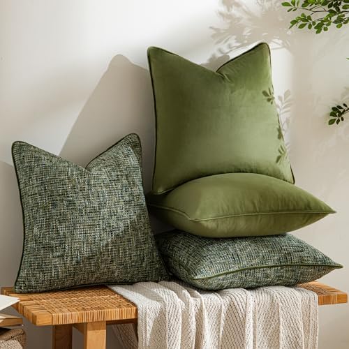 a moment Dark Green 4 Pack Throw Pillow Covers - Chenille & Velvet Set with Piping, Farmhouse Textured Design Pillow Cases for Couch Sofa Bed Livingroom (22x22 Inch, No Insert) - Image 3