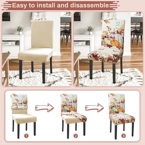 Fall Chair Covers Set of 6 Pumpkin Maple Leaves Stretch Parsons Slipcovers - Image 4