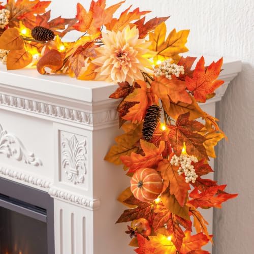 Lewondr 6ft Fall Garland with Lights for Mantel, 20 LED, Fruits & Dahlia - Image 5