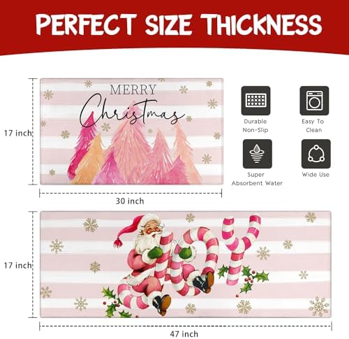 Merry Christmas Kitchen Rugs and Mats Set of 2,Pink Christmas Trees Santa Claus Joy Xmas Winter Holiday Sink Floor Mat Non Skid Washable for Home Farmhouse Christmas Decor 17"x47"+17"x30" - Image 3