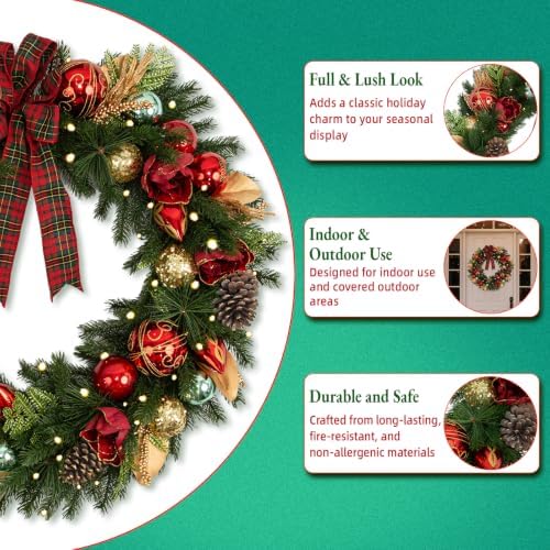 Hykolity 24 Inch Pre-Lit Magnolia Christmas Wreath with 30 Warm White LEDs and Timer, Battery Operated Artificial PE & PVC Wreath with Burgundy Flowers, Ornaments and Plaid Bow for Front Door - Image 2