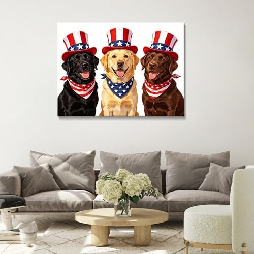 July 4th Patriotic Canvas Wall Art 4th of July USA Decorations American Flag and Stars Dogs Picture Wall Decor Independence Day Home Decor 20x24in - Image 2