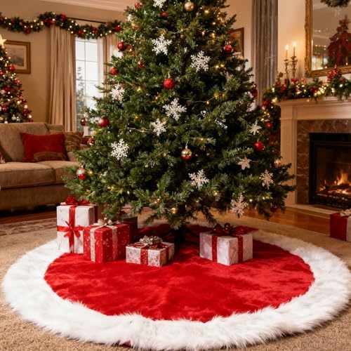 36 Inch Christmas Tree Skirt Holiday Part Decorations for Christmas Tree, Xmas Tree Decorations Red and White Plush Tree Shirt for Holiday Party Ornament Rustic Farmhouse Decorations - Image 6